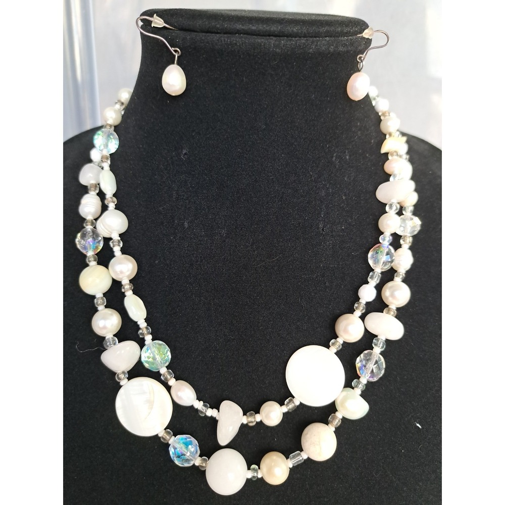 Gemstone Set Necklace Earrings Beaded Double-Strand White Statement Pearls